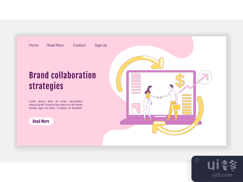 Brand collaboration strategies landing page flat silhouette vector template