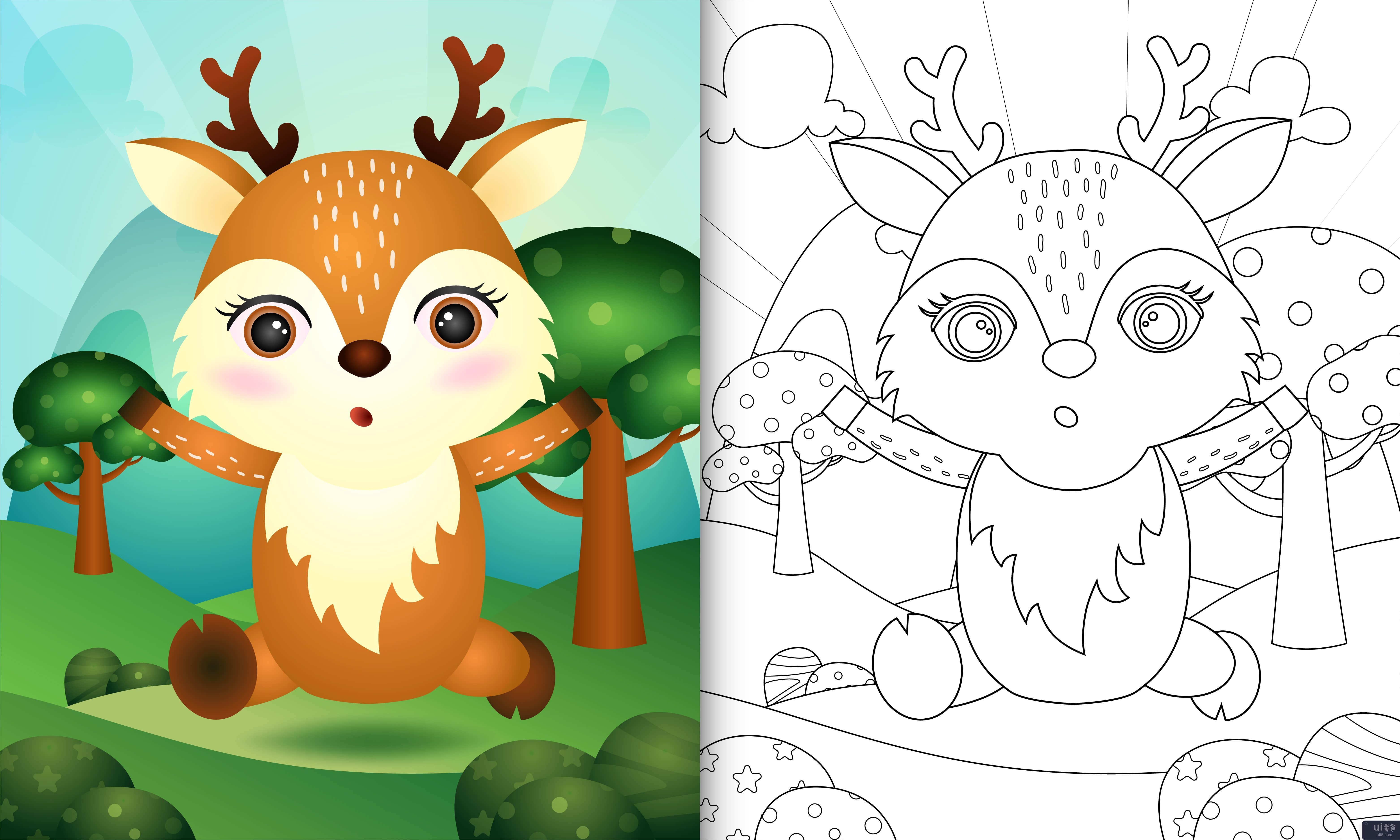带有可爱鹿角色插图的儿童着色书(coloring book for kids with a cute deer character illustration)插图2