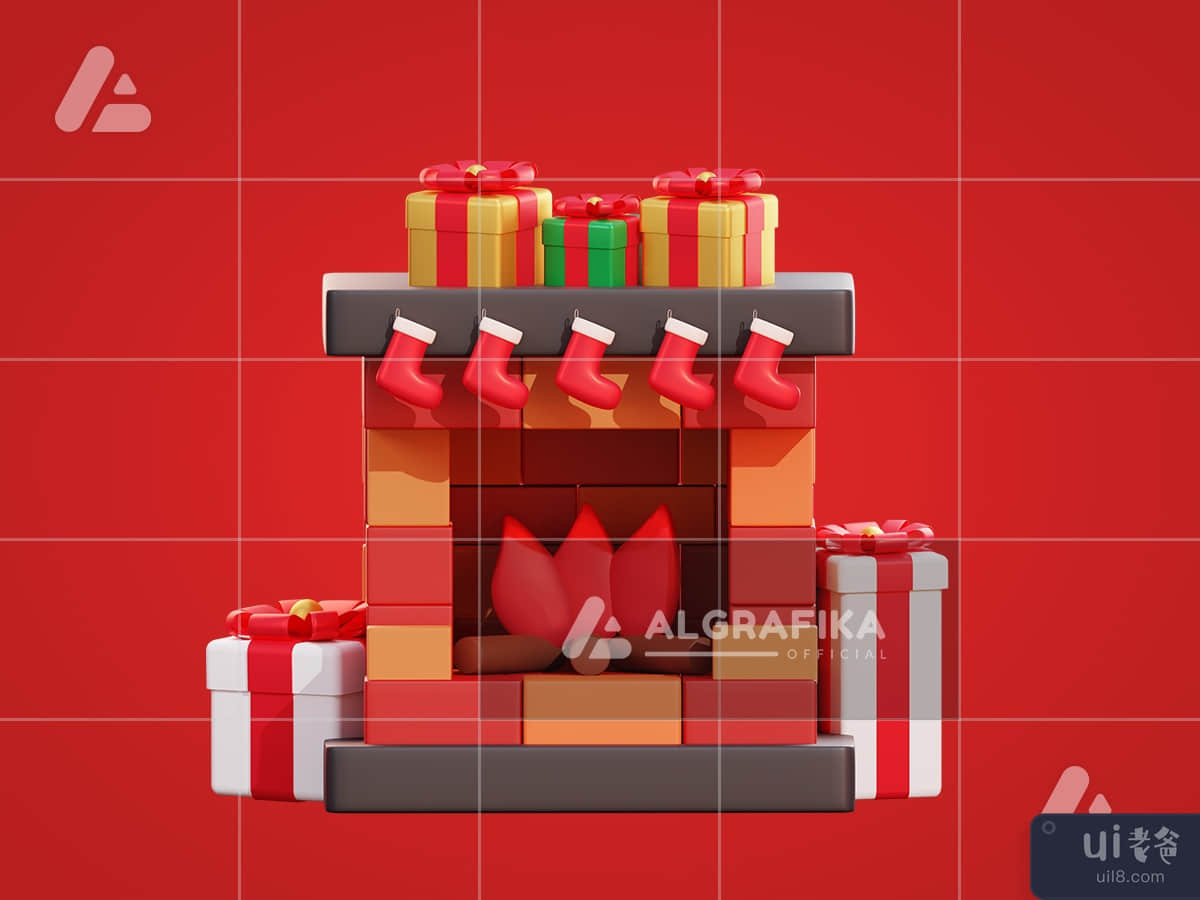 3d christmas giftbox and fireplace