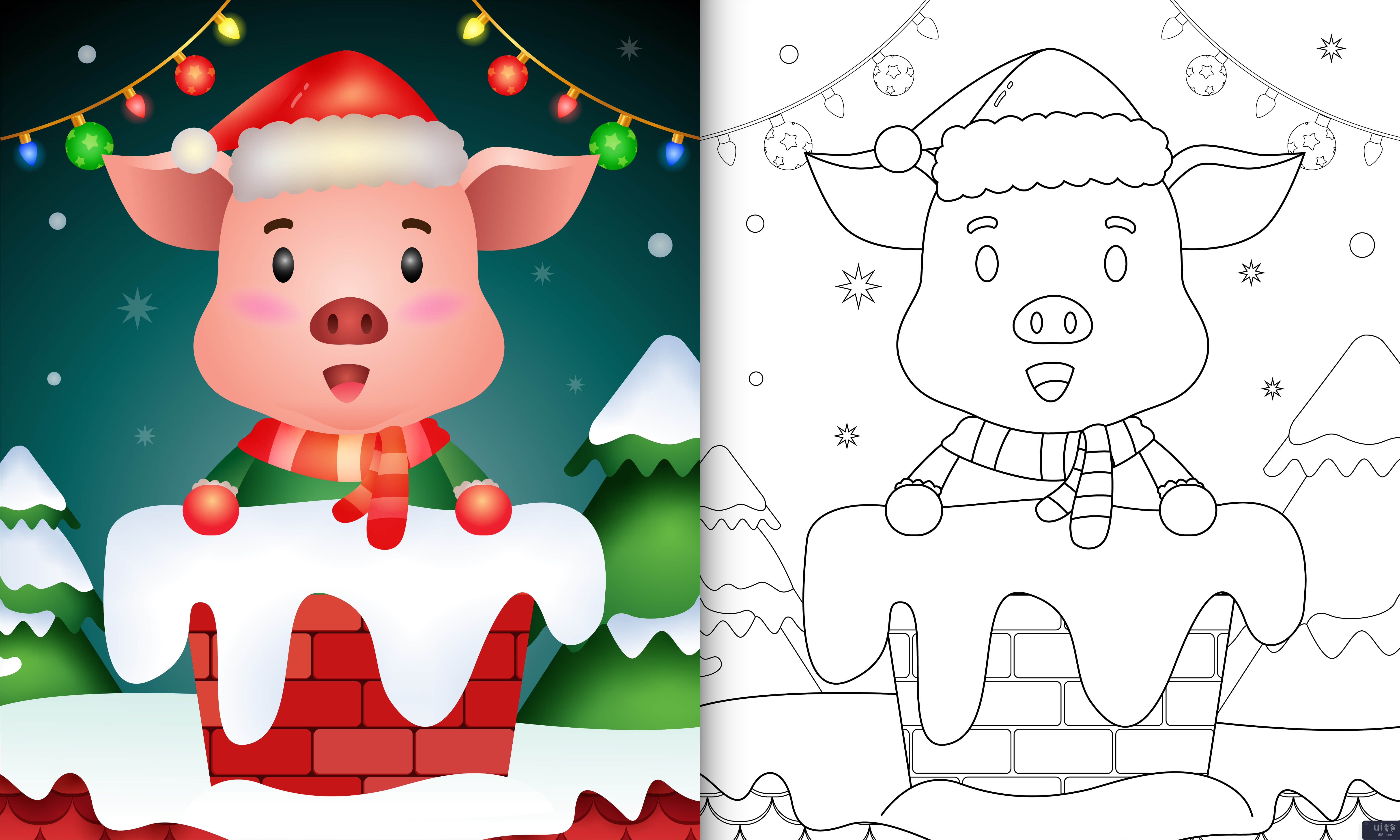 用圣诞老人的帽子和围巾在烟囱里给孩子们涂上可爱的猪(coloring for kids with a cute pig using santa hat and scarf in chimney)插图2