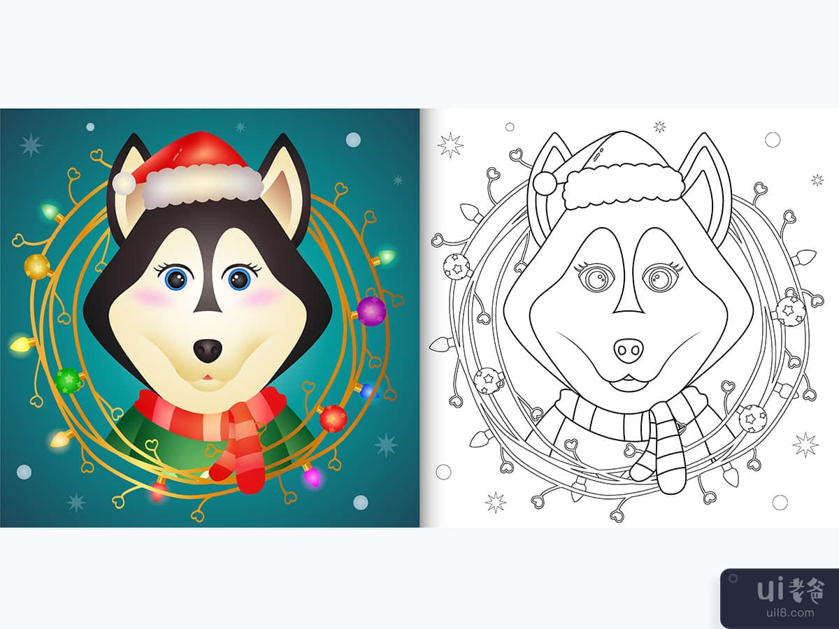 coloring book with a cute husky dog with twigs decoration 