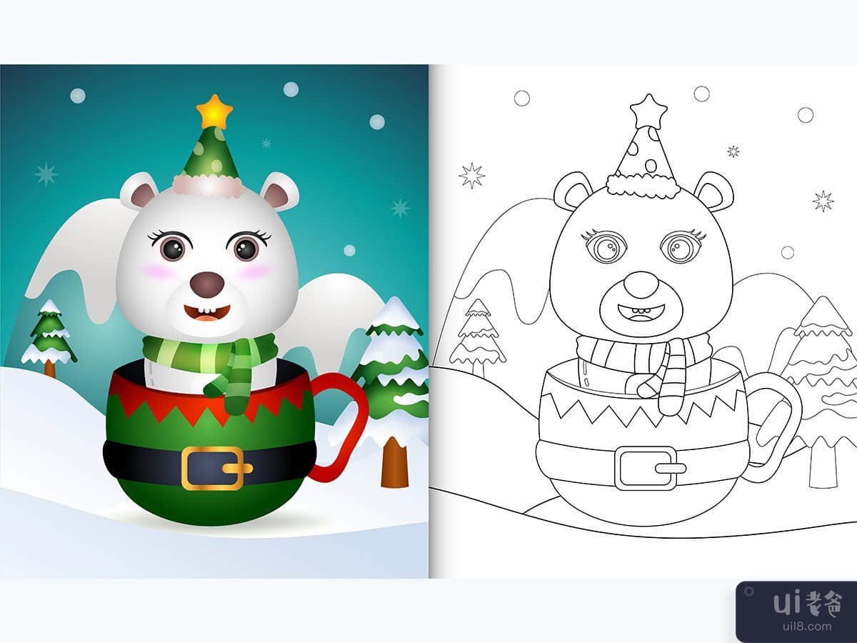 coloring book with a cute polar bear christmas characters  in the elf cup