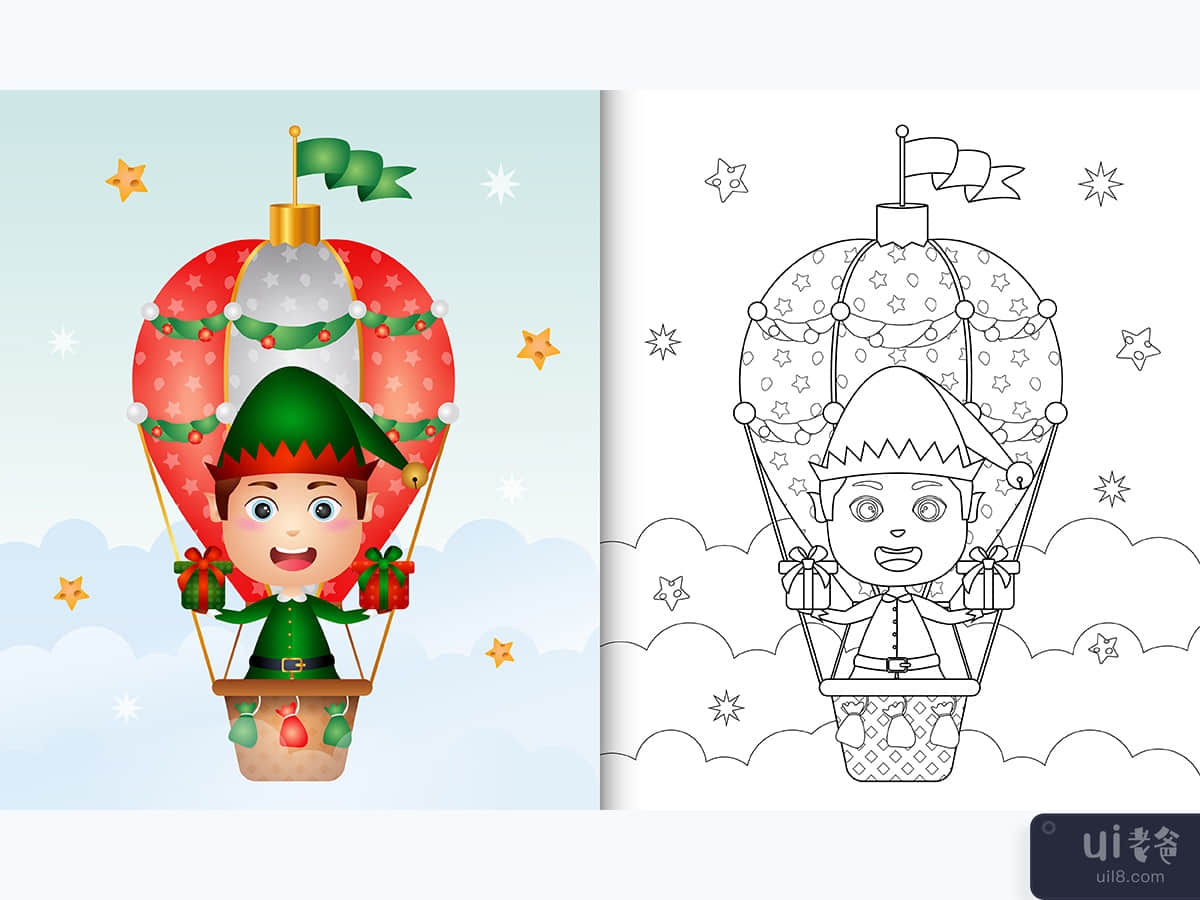 coloring book with a cute boy elf christmas characters