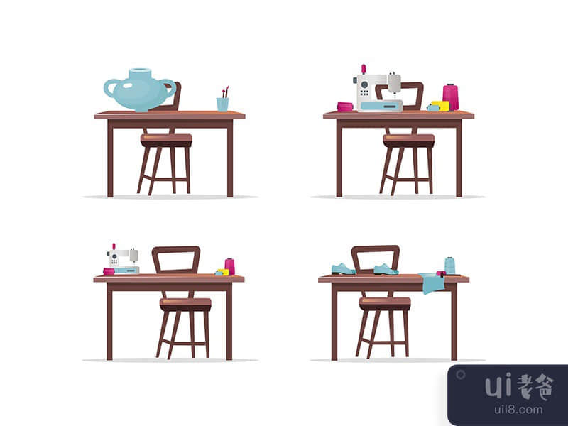 Craft work tables flat color vector objects set