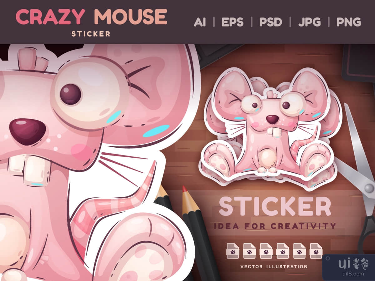 Childish Cartoon Character Sticker Crazy Mouse