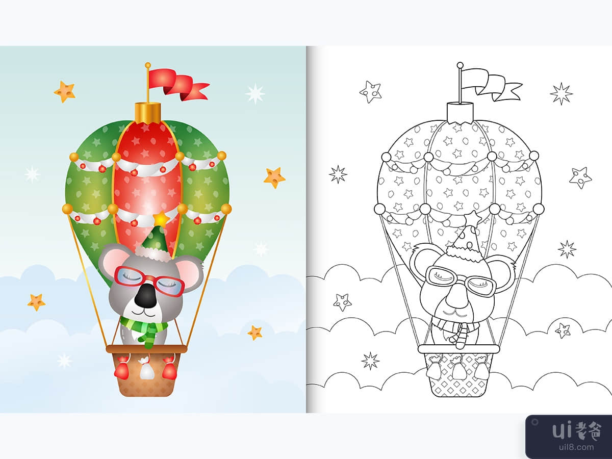 coloring book with a cute koala christmas characters on hot air balloon 