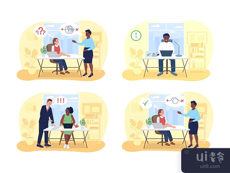 Communication in office 2D vector isolated illustration set