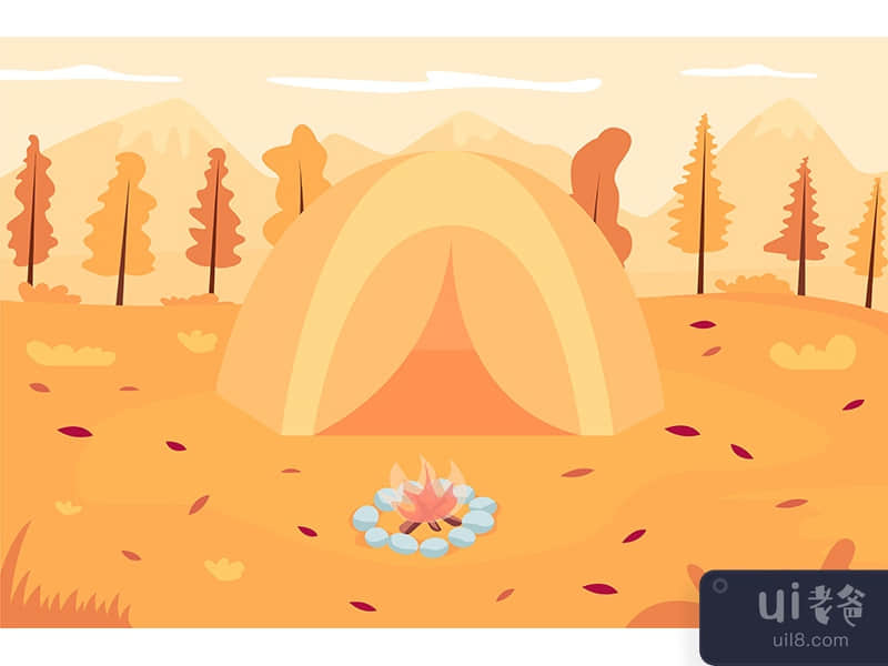 Autumn camping flat color vector illustration