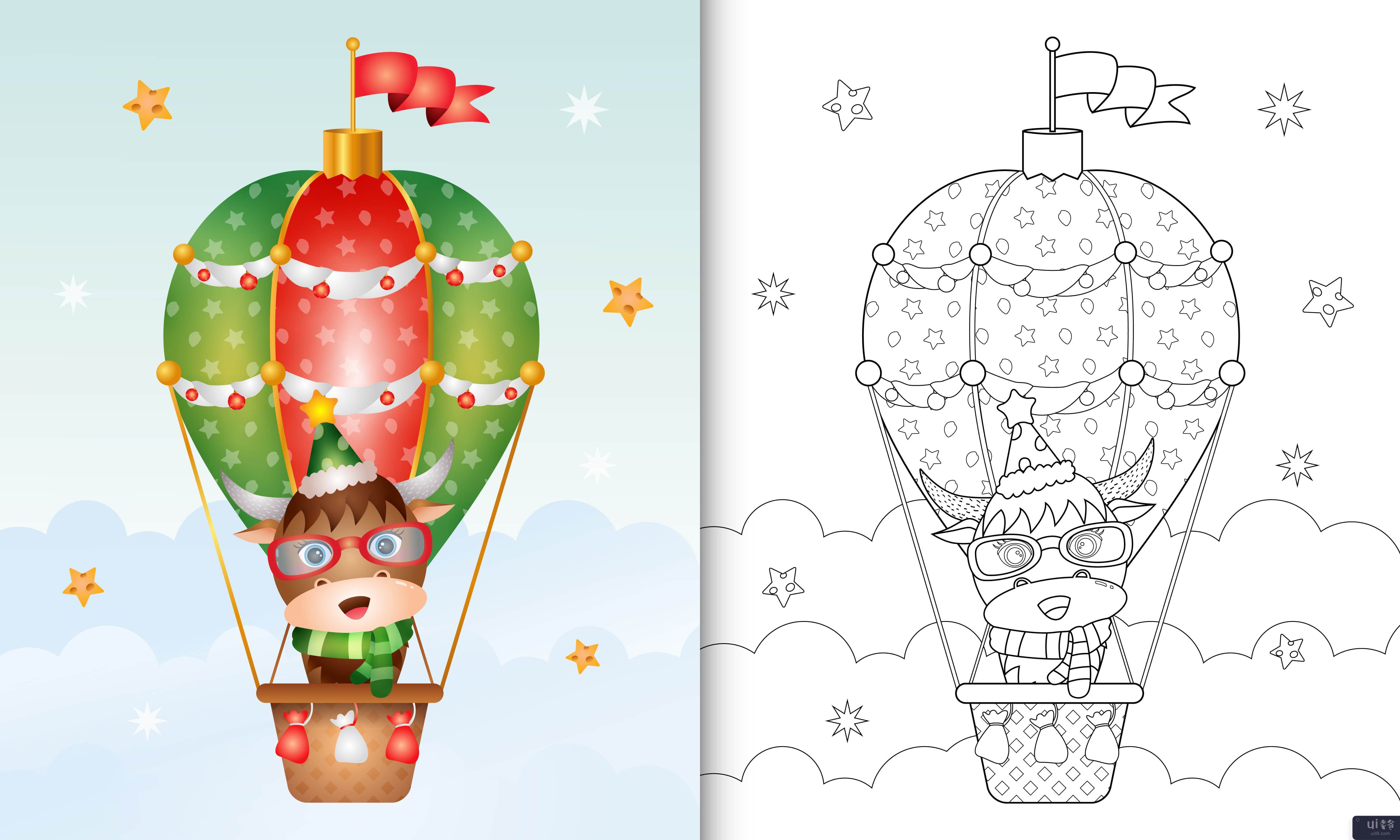 热气球上带有可爱水牛圣诞人物的着色书(coloring book with a cute buffalo christmas characters on hot air balloon)插图2