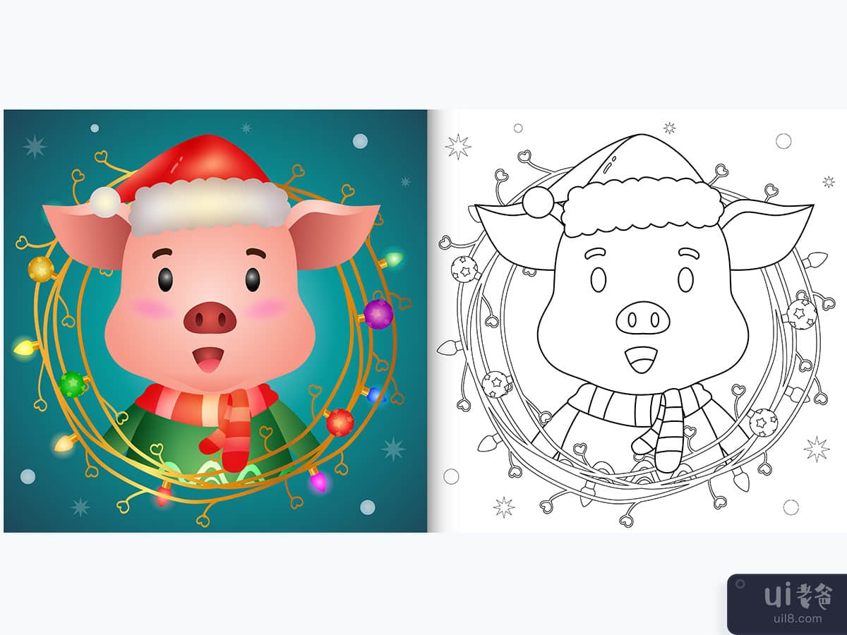 coloring book with a cute pig with twigs decoration christmas