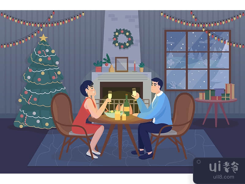 Christmas dinner for couple flat color vector illustration