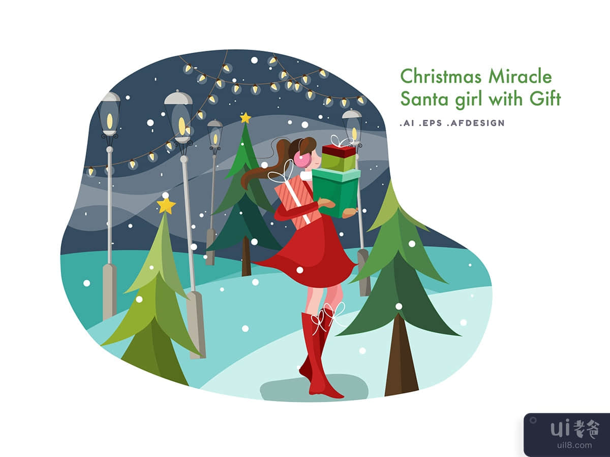 Christmas Miracle - Santa Girl with Gift Vector Illustration