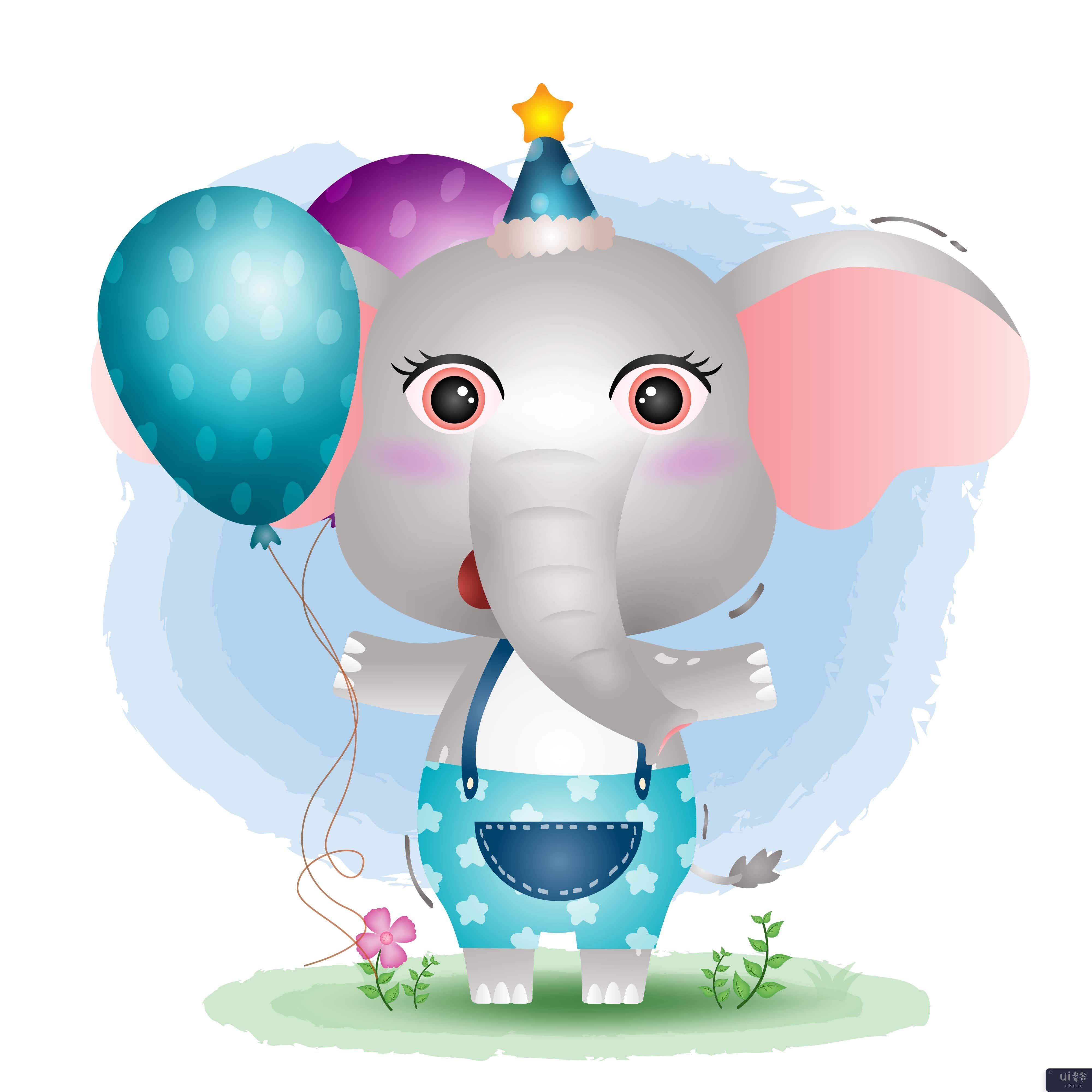 一头可爱的大象，戴着生日帽，拿着气球(a cute elephant using birthday hat and holds balloon)插图2