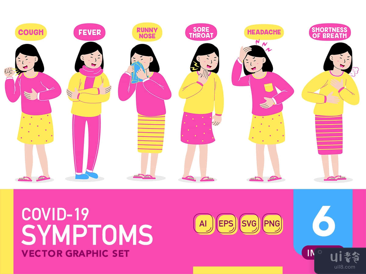 Covid-19（冠状病毒）症状矢量图解-女性版(Covid-19 (Coronavirus) Symptoms Vector illustration - Female Version)插图1