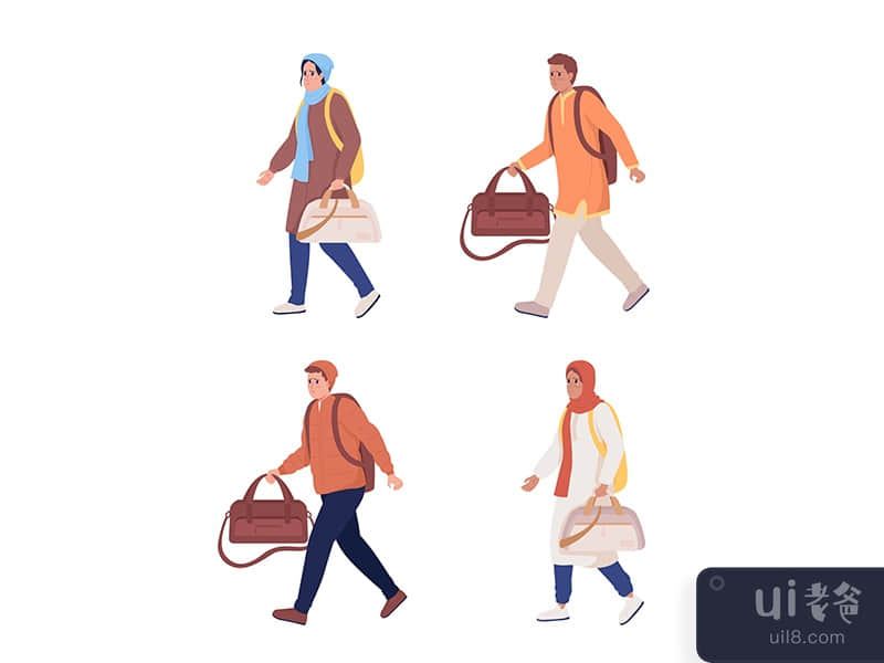 Adult refugees running away semi flat color vector character set