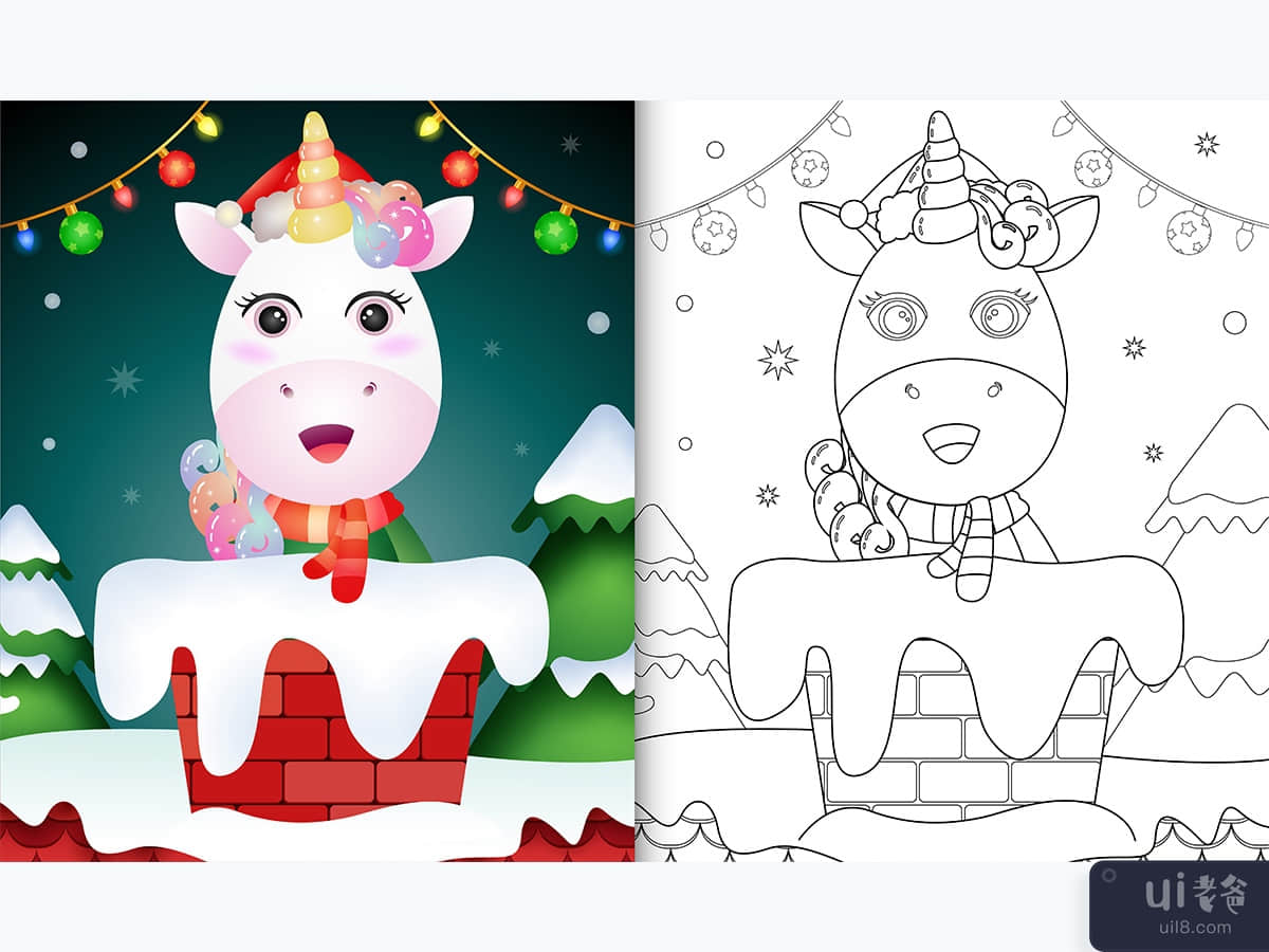 coloring for kids with a cute unicorn using santa hat and scarf in chimney