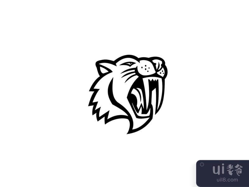Angry Saber Toothed Cat Head Mascot Black and White