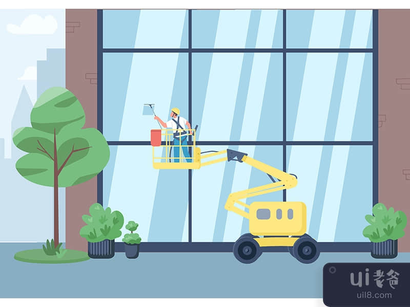 Building windows cleaning flat color vector illustration