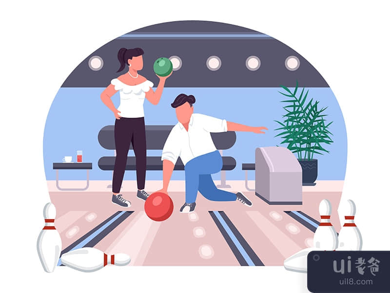Couple in bowling alley 2D vector web banner, poster