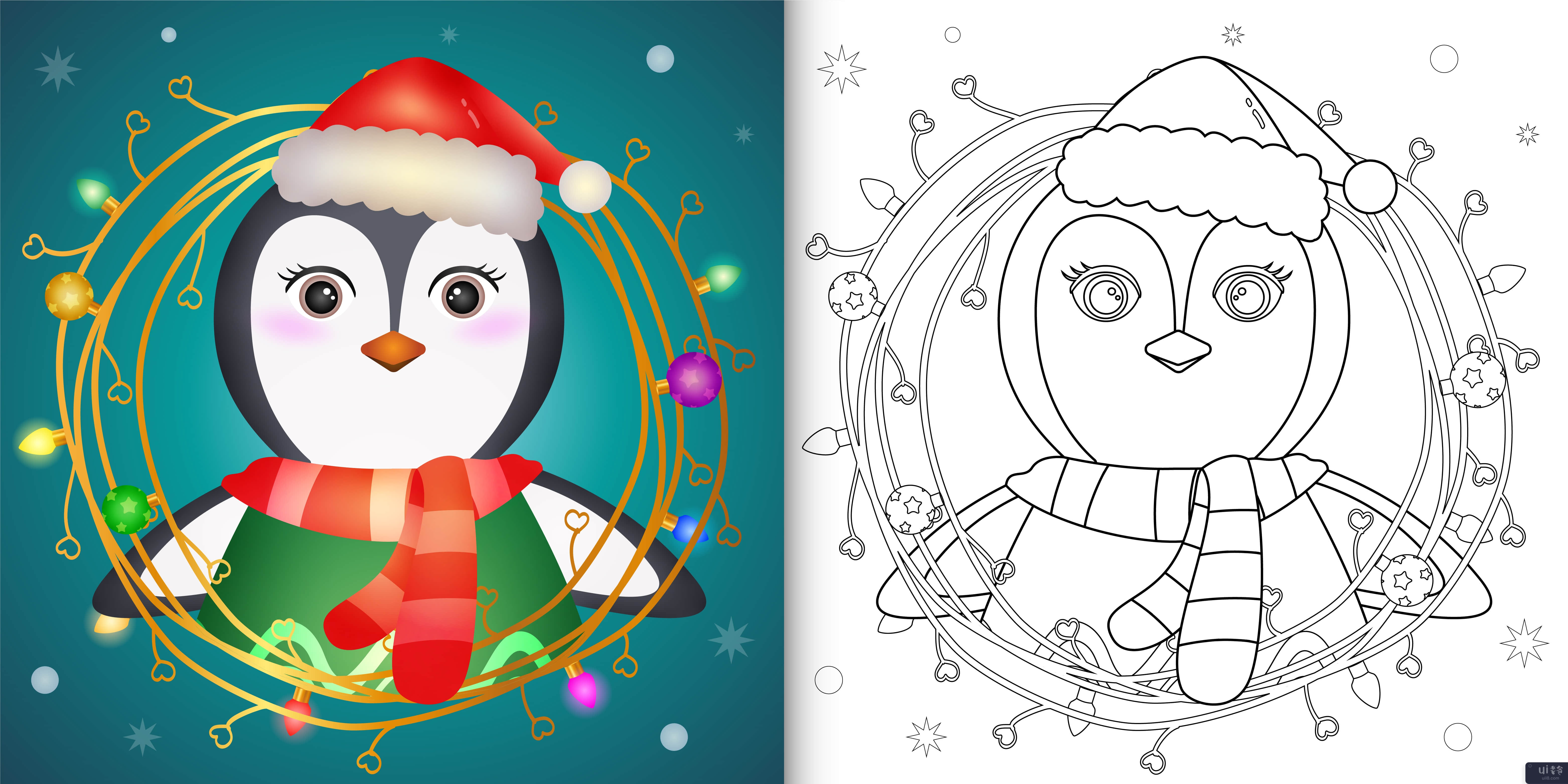 带有可爱企鹅圣诞人物的图画书(coloring book with a cute penguin christmas characters)插图2