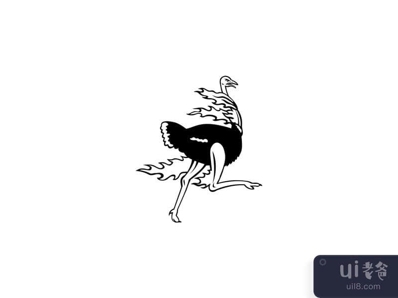 Common Ostrich Running While on Fire Viewed Side Mascot Black and White 