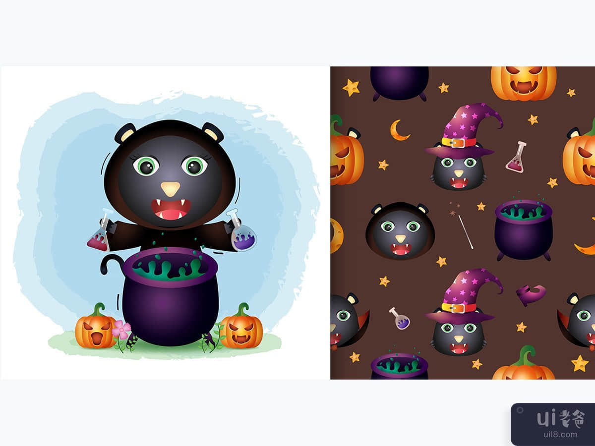 黑猫与女巫服装万圣节。无缝图案和插图设计(black cat with witch costume halloween.seamless pattern and illustration designs)插图2