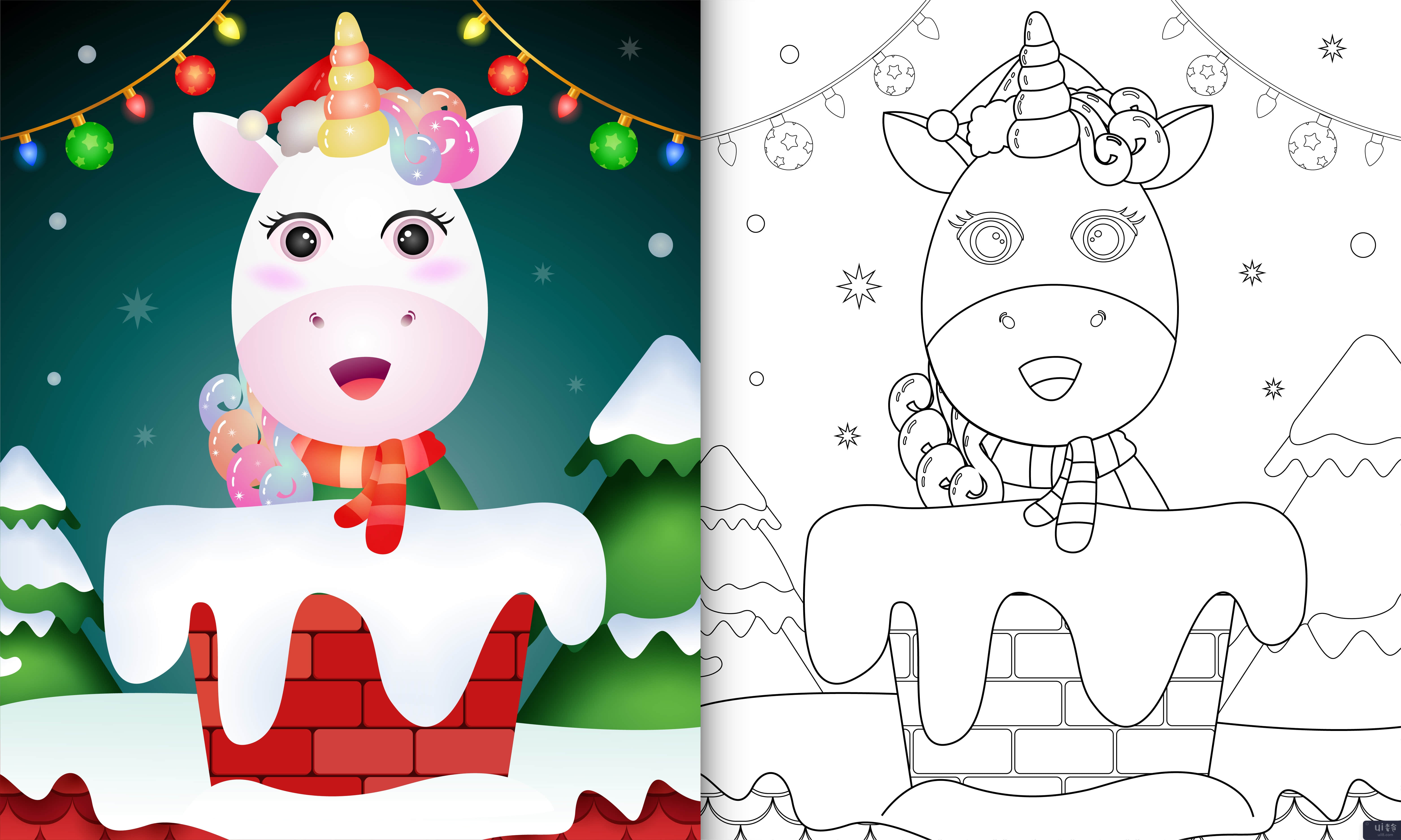 用圣诞老人的帽子和围巾在烟囱里为可爱的独角兽着色(coloring for kids with a cute unicorn using santa hat and scarf in chimney)插图2