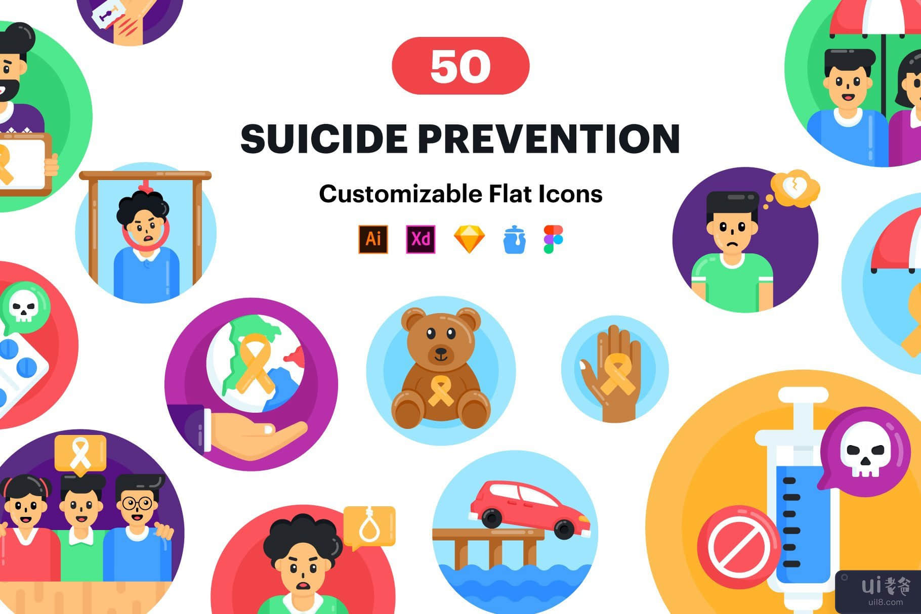 50 个自杀预防矢量图标(50 Suicide Prevention Vector Icons)插图8
