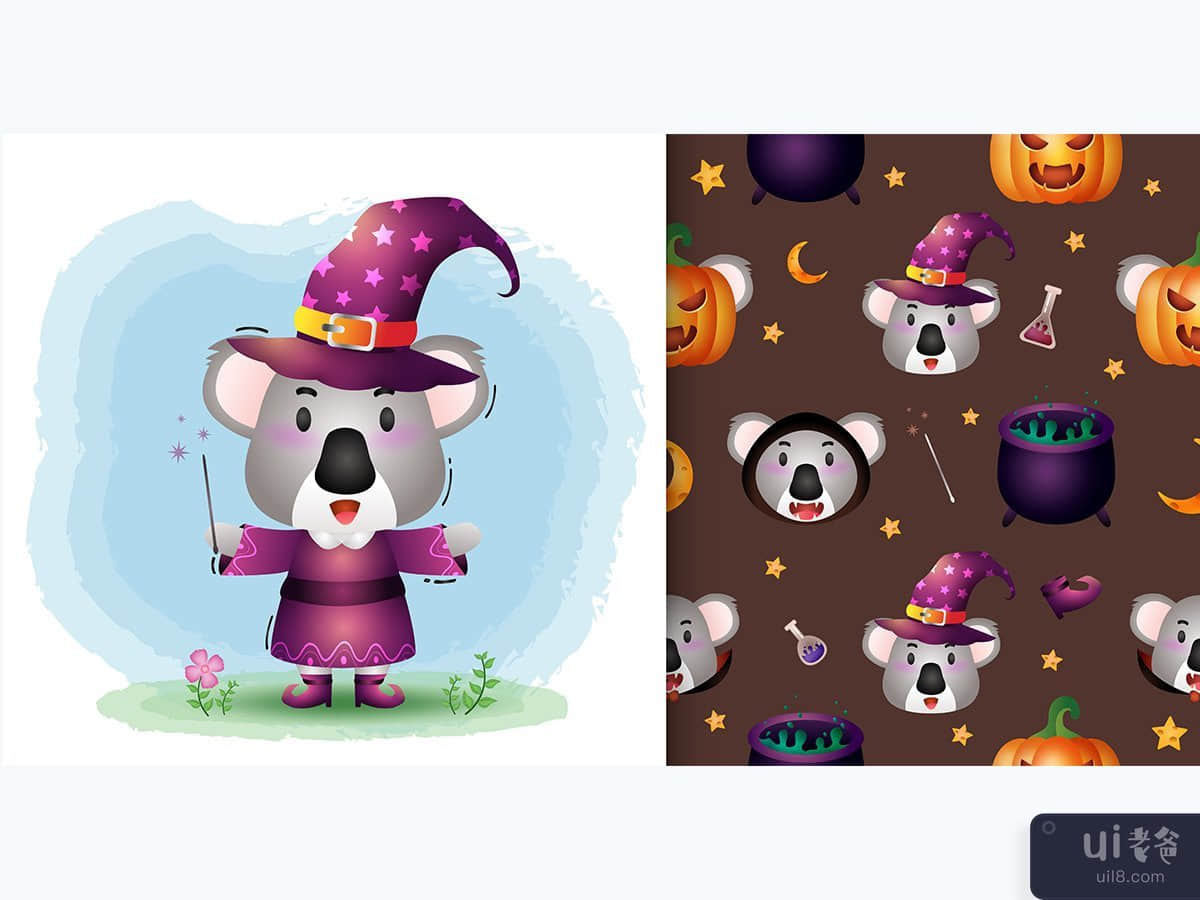 a cute koala with costume halloween character seamless pattern