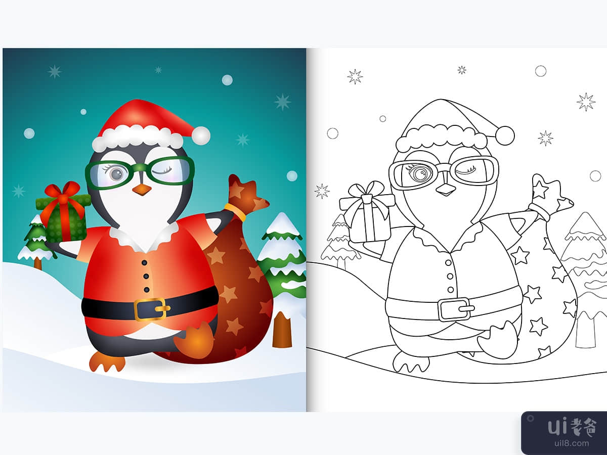 coloring book with a cute penguin using santa clause costume
