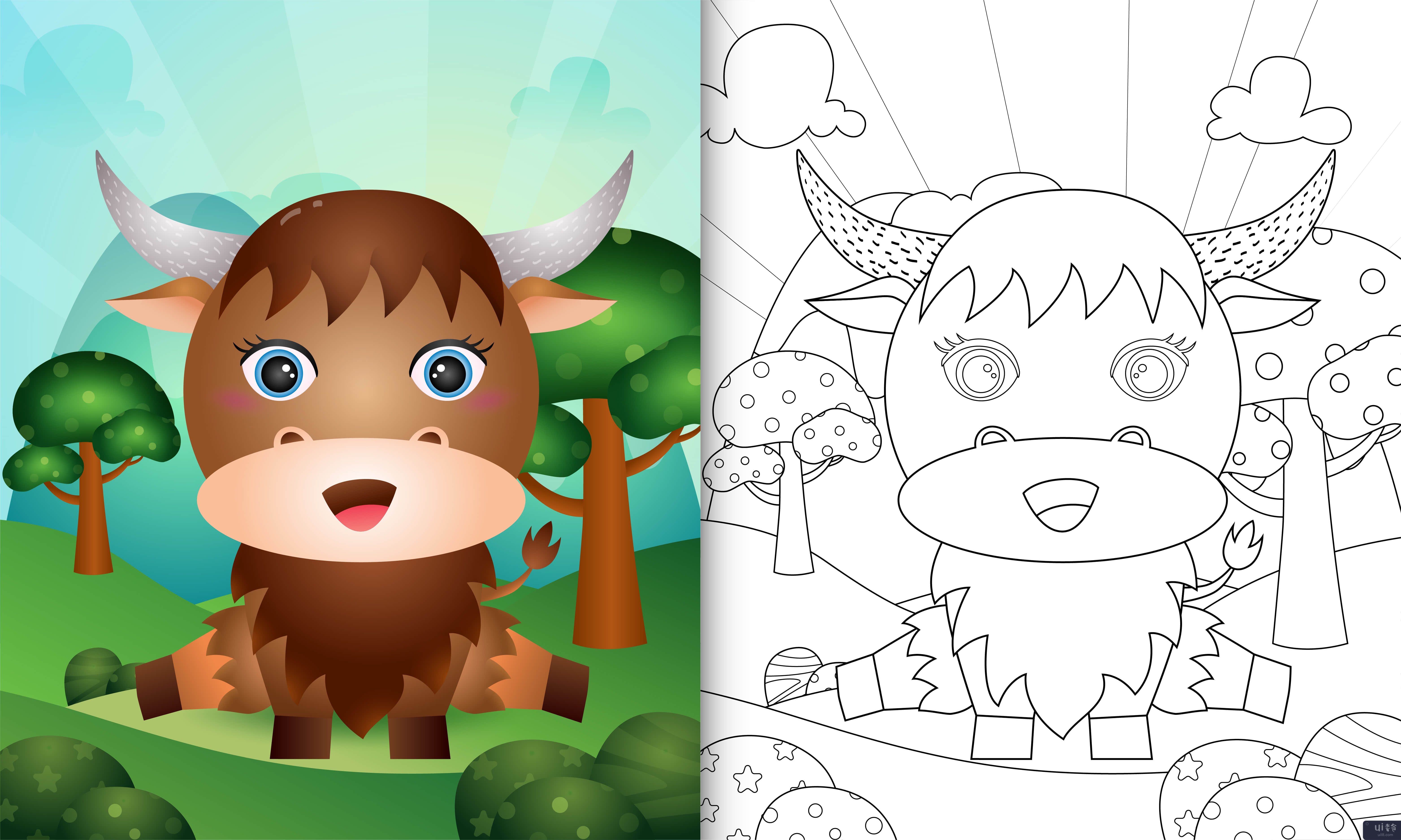 带有可爱水牛角色插图的儿童着色书(coloring book for kids with a cute buffalo character illustration)插图2