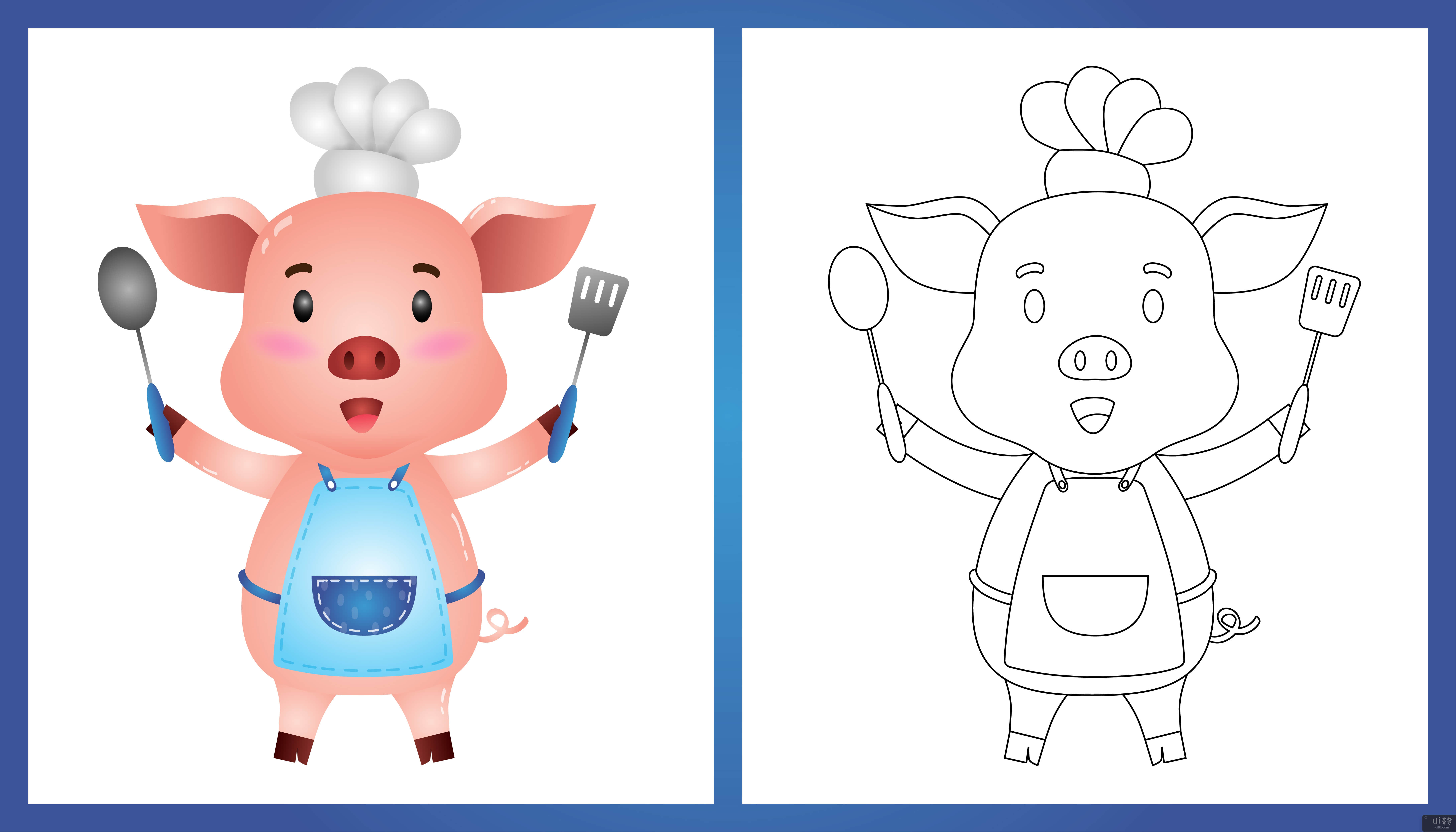 与一位可爱的小猪厨师一起着色书(coloring book with a cute little pig chef)插图2
