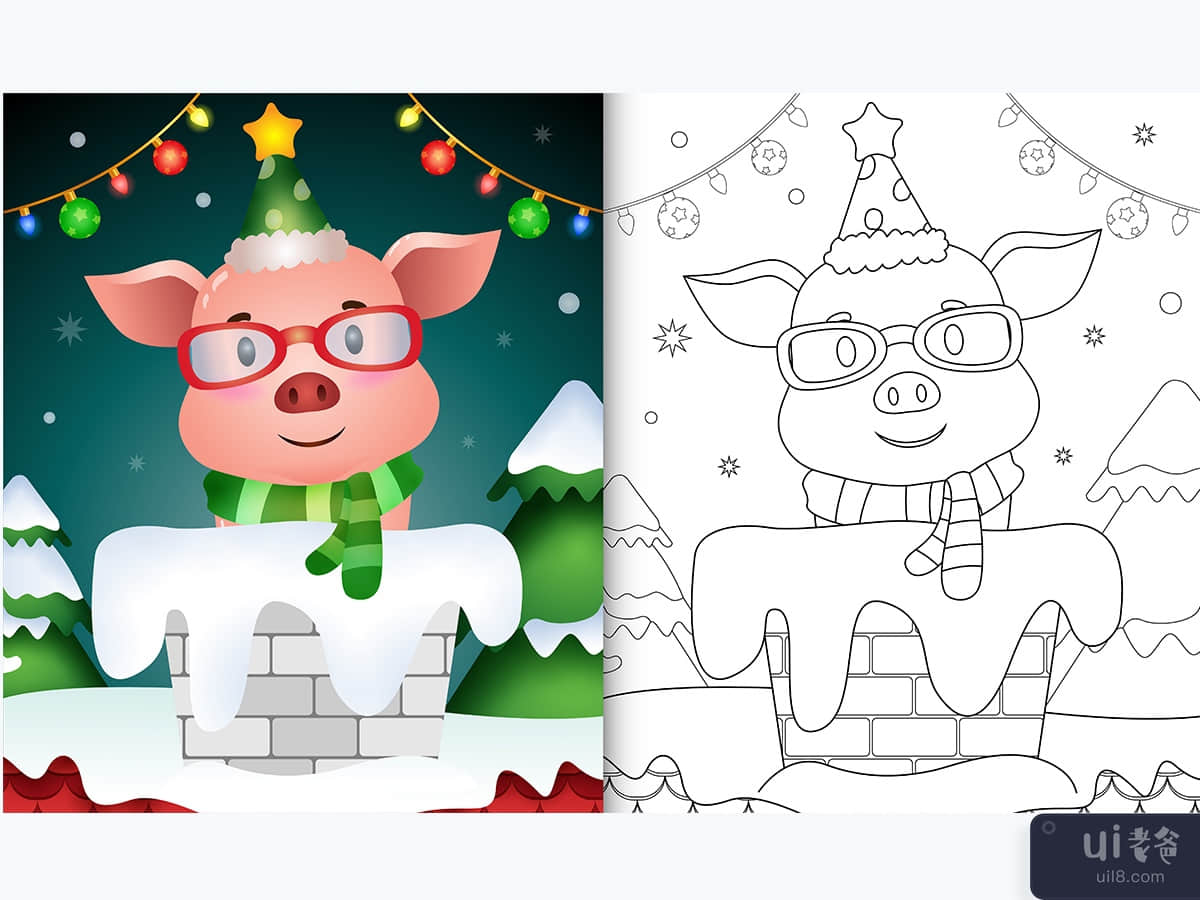 coloring book for kids with a cute pig using santa hat and scarf in chimney