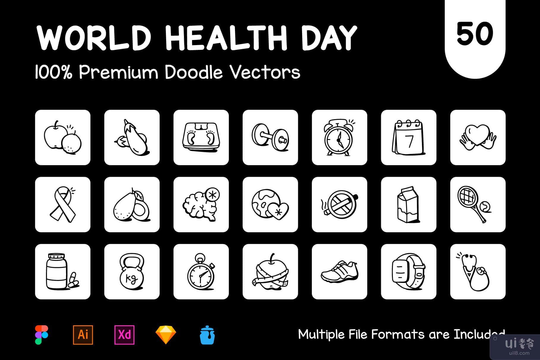 50 涂鸦世界卫生日矢量图标(50 Doodle World Health Day Vector Icons)插图2