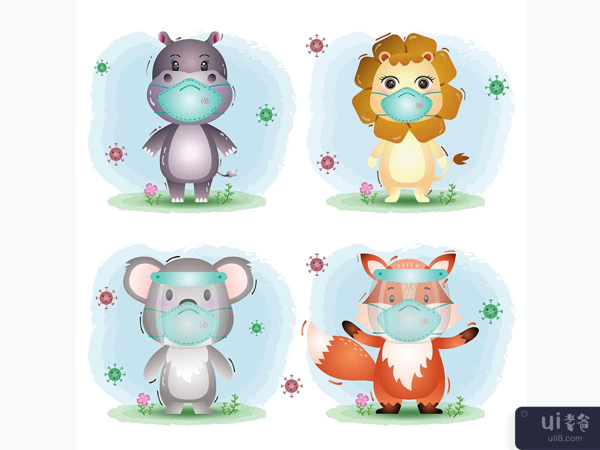 使用面罩和面具的可爱动物：河马、狮子、考拉和狐狸(cute animal using face shield and mask : hippo, lion, koala and fox)插图1