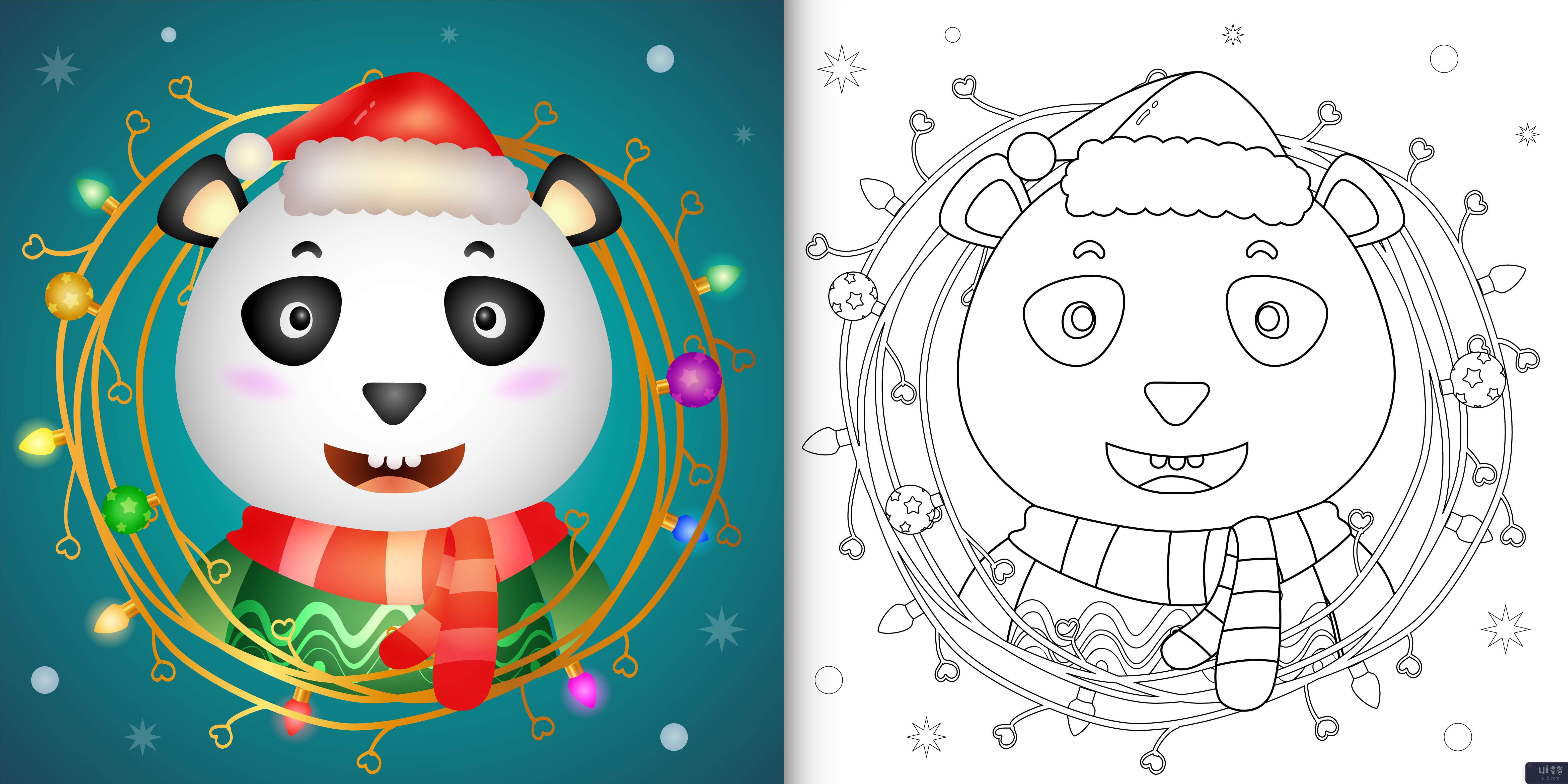 着色书与可爱的熊猫与树枝装饰圣诞节(coloring book with a cute panda with twigs decoration christmas)插图2