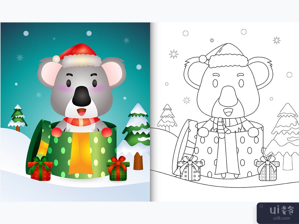 带有可爱考拉圣诞人物的图画书(coloring book with a cute koala christmas characters)插图2