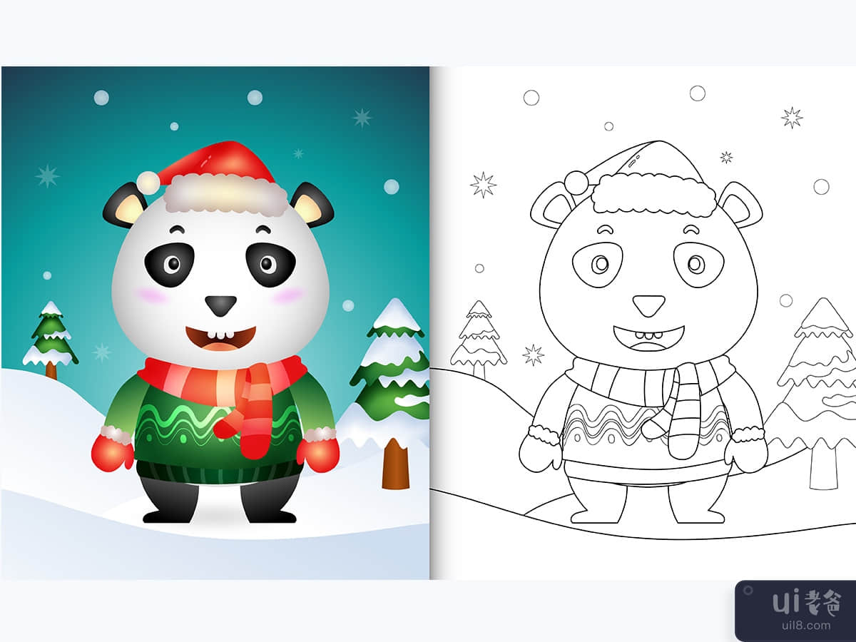 coloring book with a cute panda christmas characters
