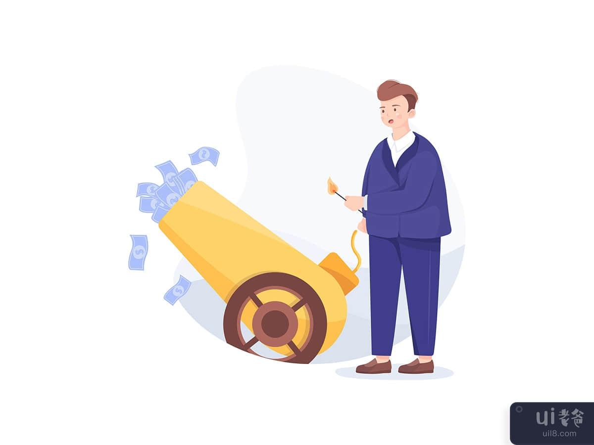Businessman is setting on fire the cannon to fly money out of it