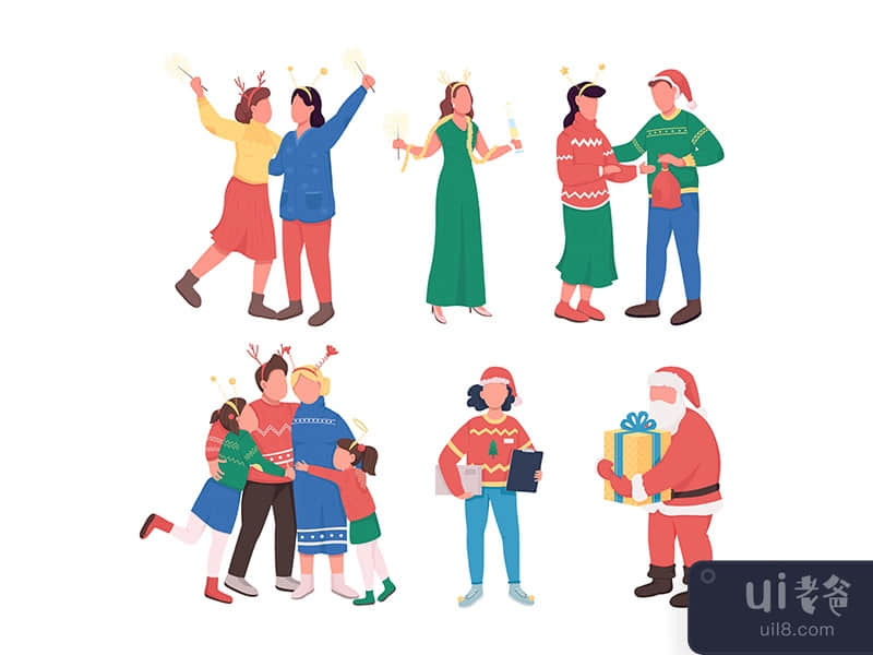 Christmas party semi flat color vector character set