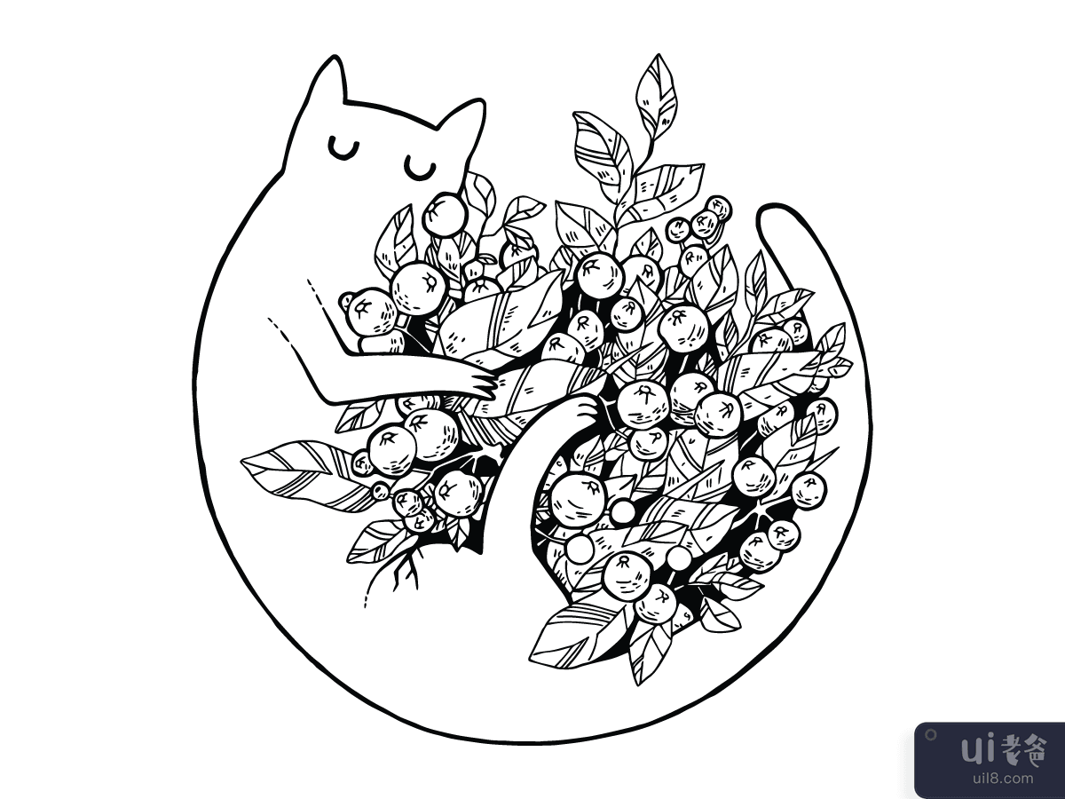 Cat with Flowers Scratchboard Illustration