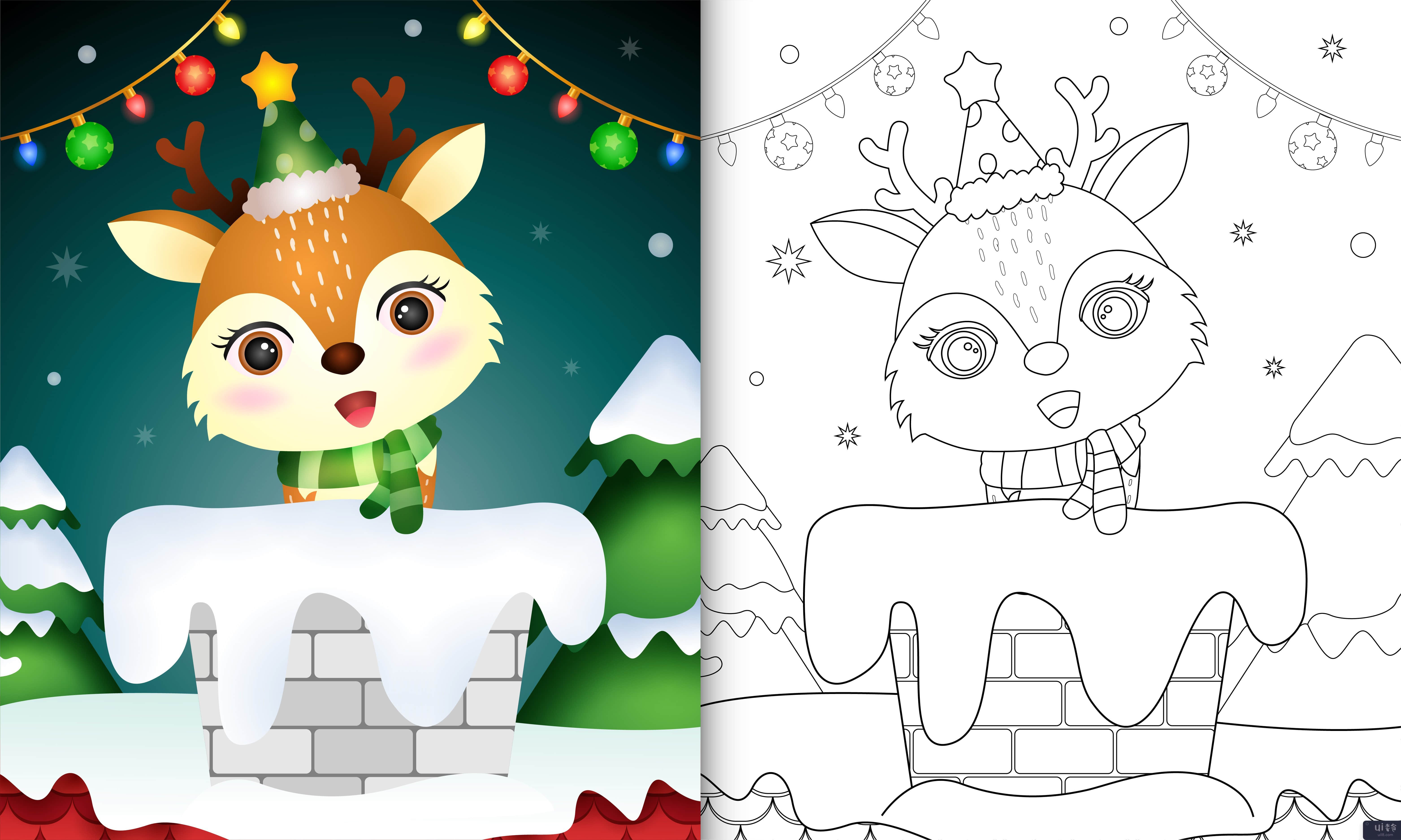 用圣诞老人的帽子和围巾为孩子们涂上可爱的鹿(coloring for kids with a cute deer using santa hat and scarf)插图2