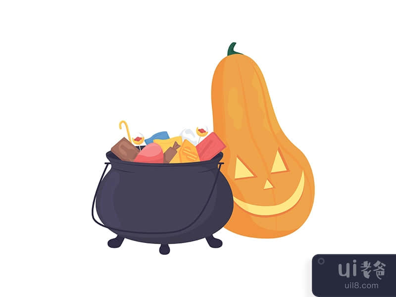 Cauldron with candies and pumpkin lantern semi flat color vector item