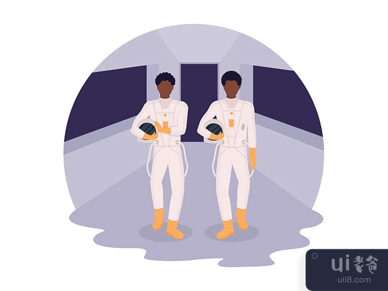 Astronaunts entering spaceship 2D vector isolated illustration