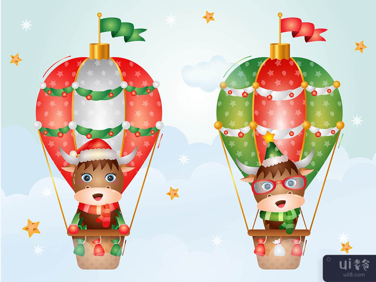 Cute buffalo christmas characters on hot air balloon