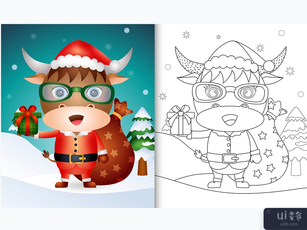 coloring book with a cute buffalo using santa clause costume