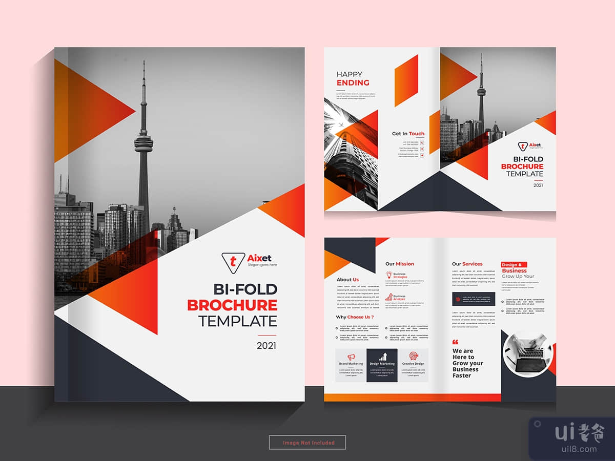  Clean corporate bi fold business brochure design template in A4 format.