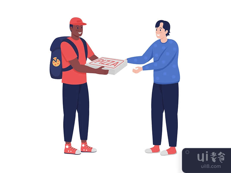 Courier giving pizza to buyer semi flat color vector characters