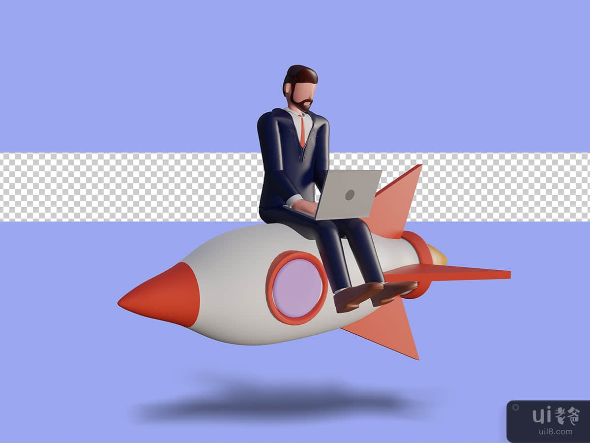 3d male character is typing on laptop and sitting on rocket. Psd Premium