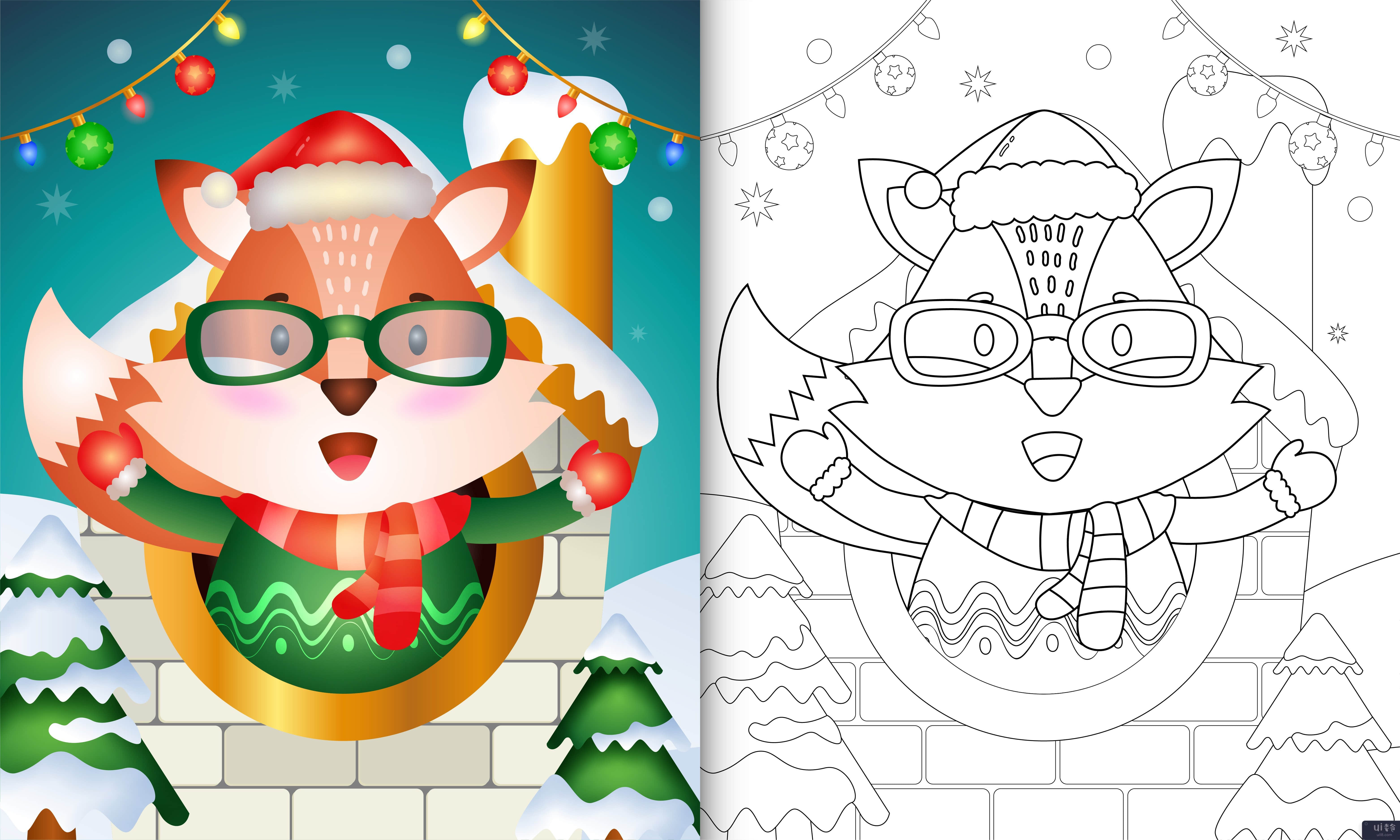 带有可爱的狐狸圣诞人物系列的着色书(coloring book with a cute fox christmas characters collection)插图2